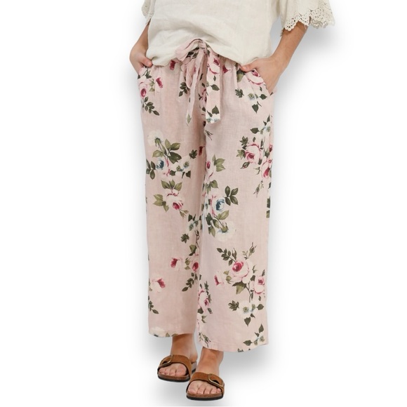 Miss Rose Sister Violet Eva Floral Linen Pants Pale Pink Size Small - Picture 1 of 11